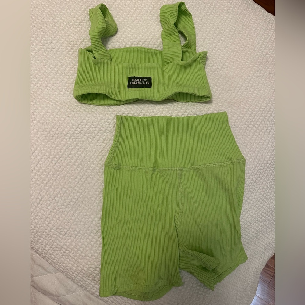 Daily Drills Green Ribbed Biker Shorts & Sports Bra Set